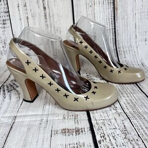 John Fluevog Women's 10 Prodigy Slingback Pumps Chunky Heel Pinup Taupe Muted